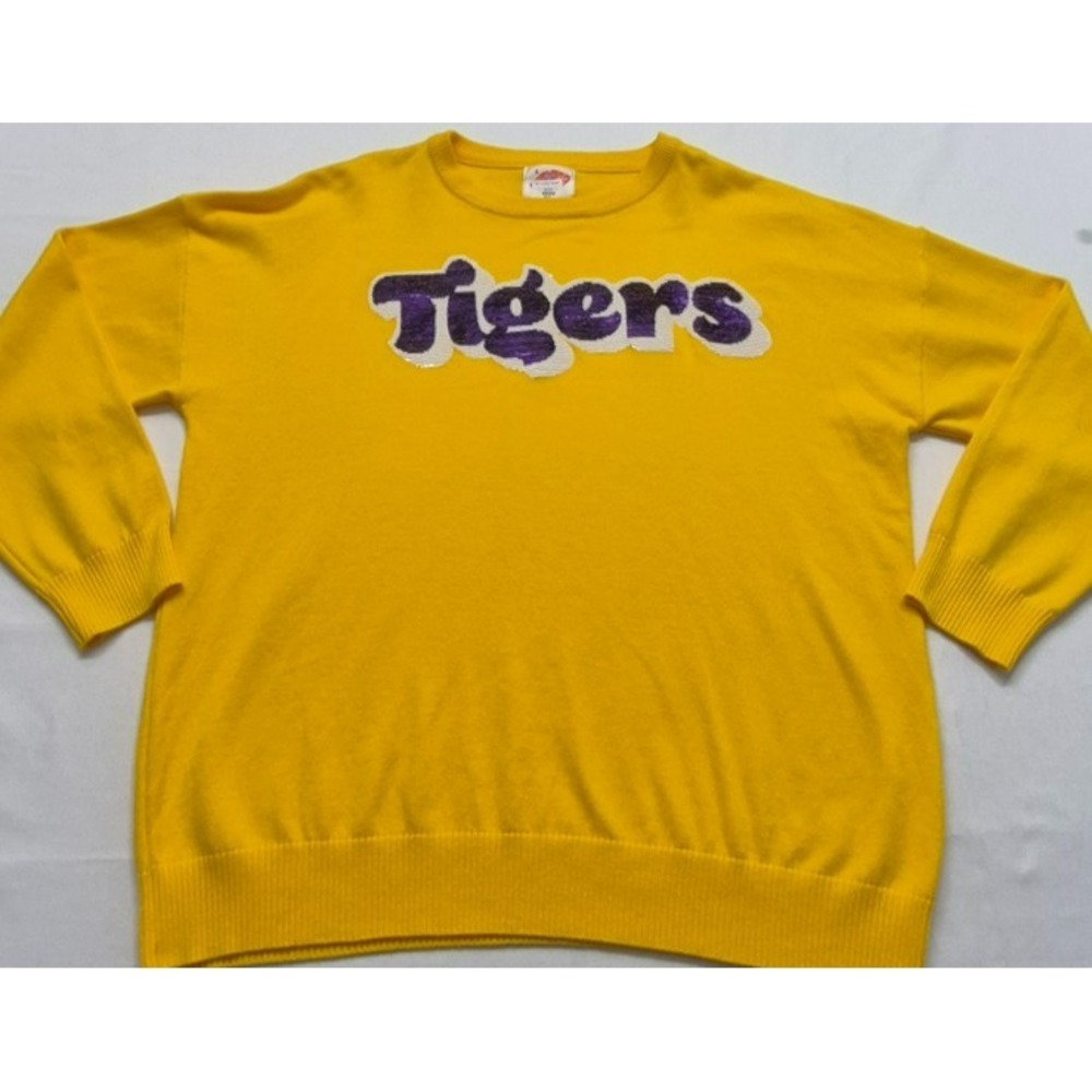 Boutique Game‎ Day women's yellow sweater sequined purple/white word Tiger sz L